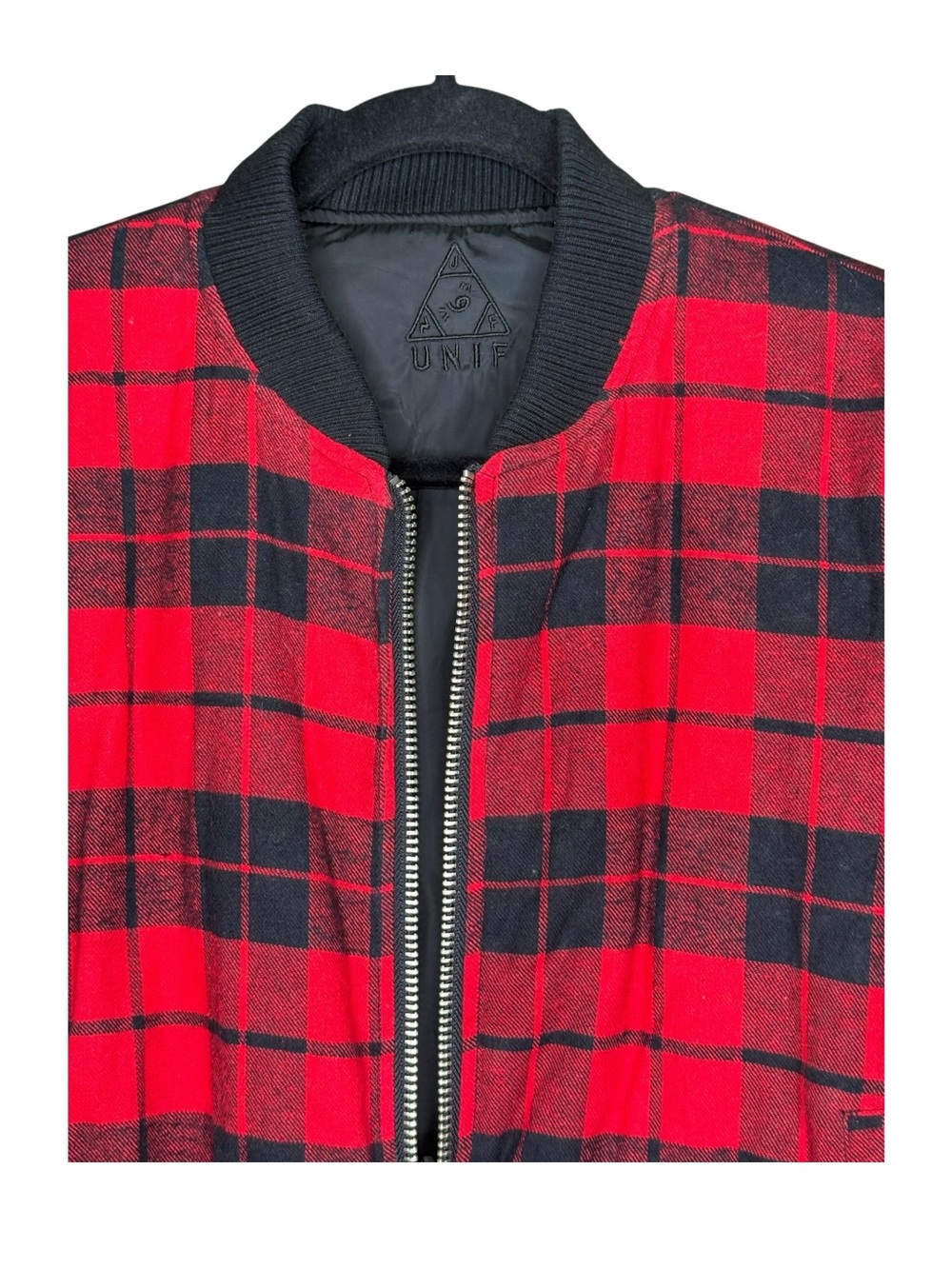 Y2K: UNIF 𖤐 Plaid Reversible Baddie Bomber Jacket 𖤐 Red Buffalo Plaid Black 𖤐 S - Picture 6 of 16